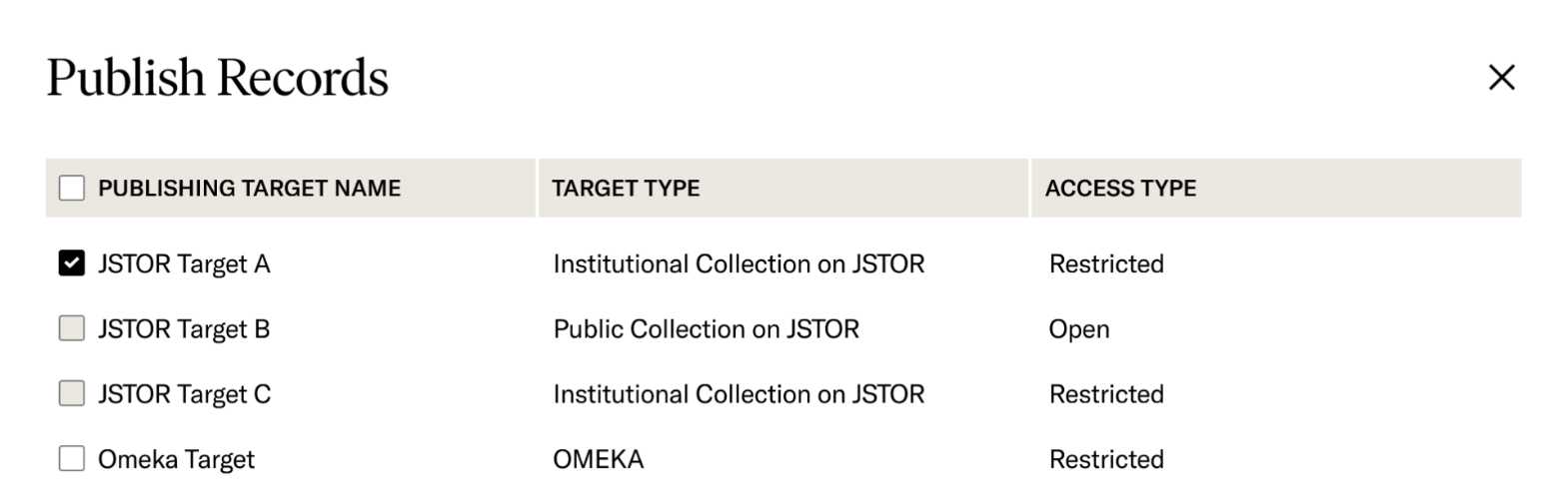 Publishing menu showing additional JSTOR targets are disabled when one is selected