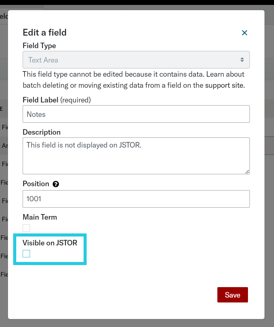 Container field editing screen demonstrating Visible on JSTOR checkbox