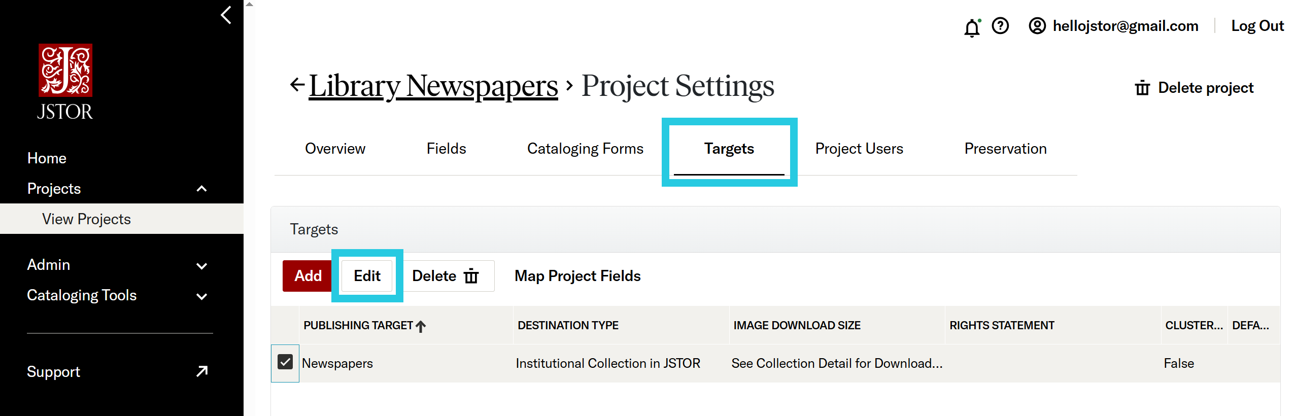 Editing a target in project settings