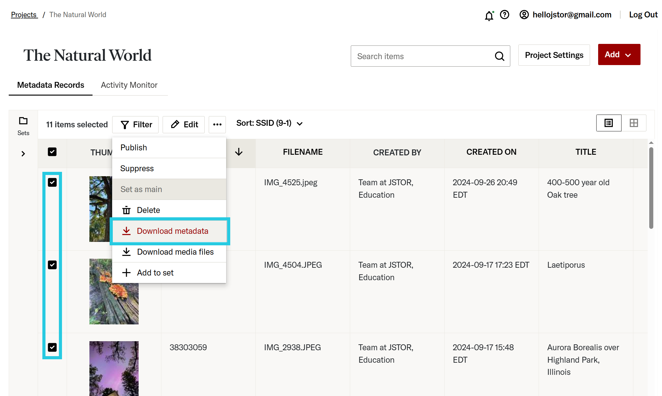 Exporting selected records from a project