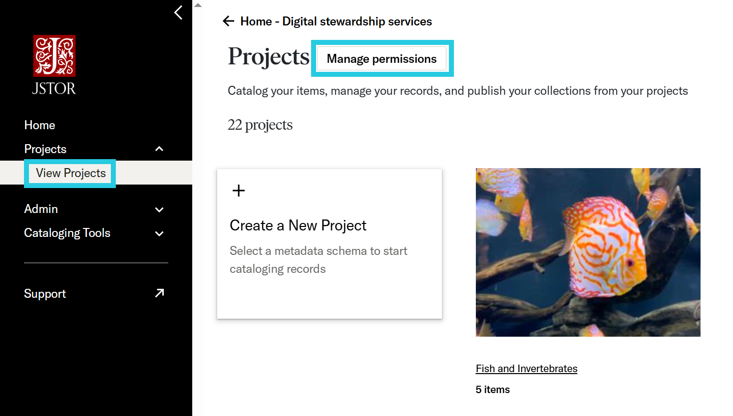 Manage permissions button on the Projects page