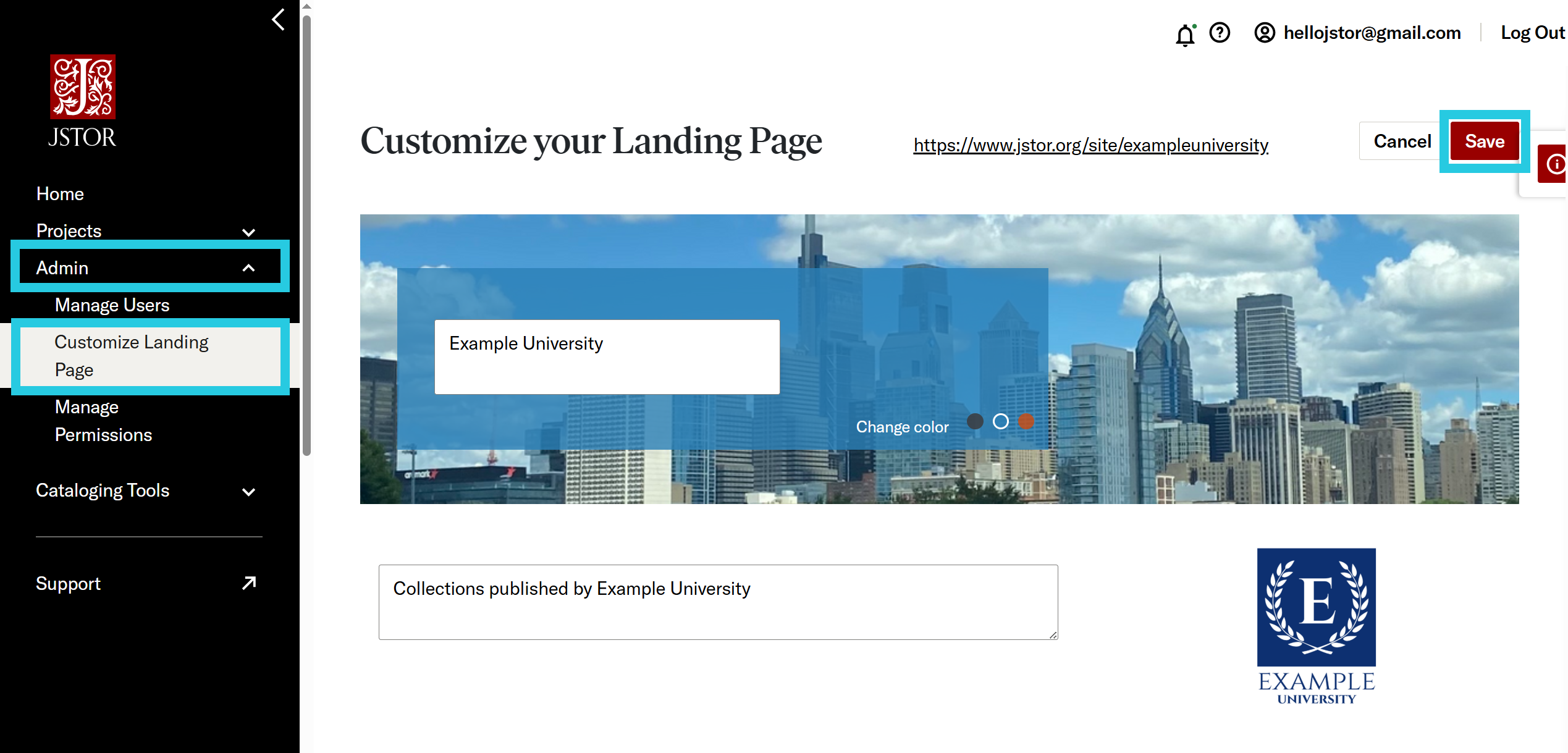 Customize Landing Page option in Admin drop-down menu